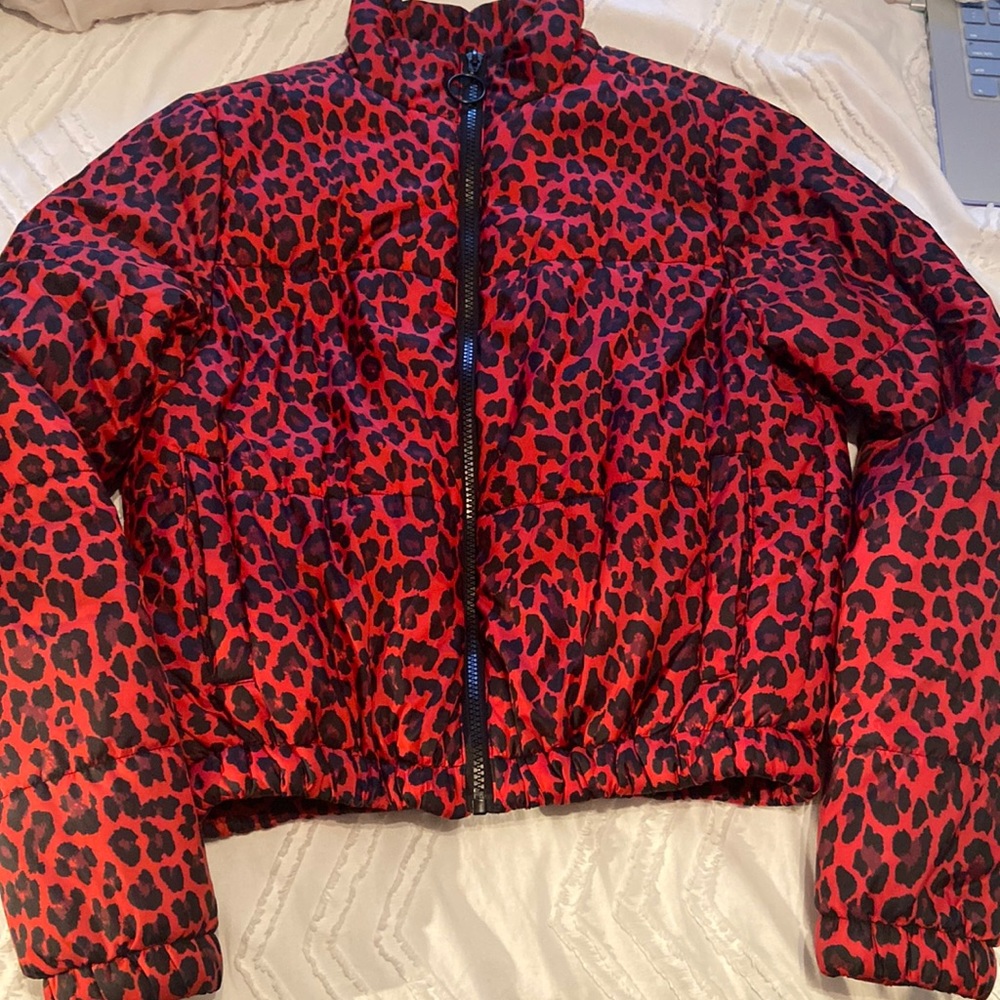 Design Lab cropped red leopard print coat - size XS